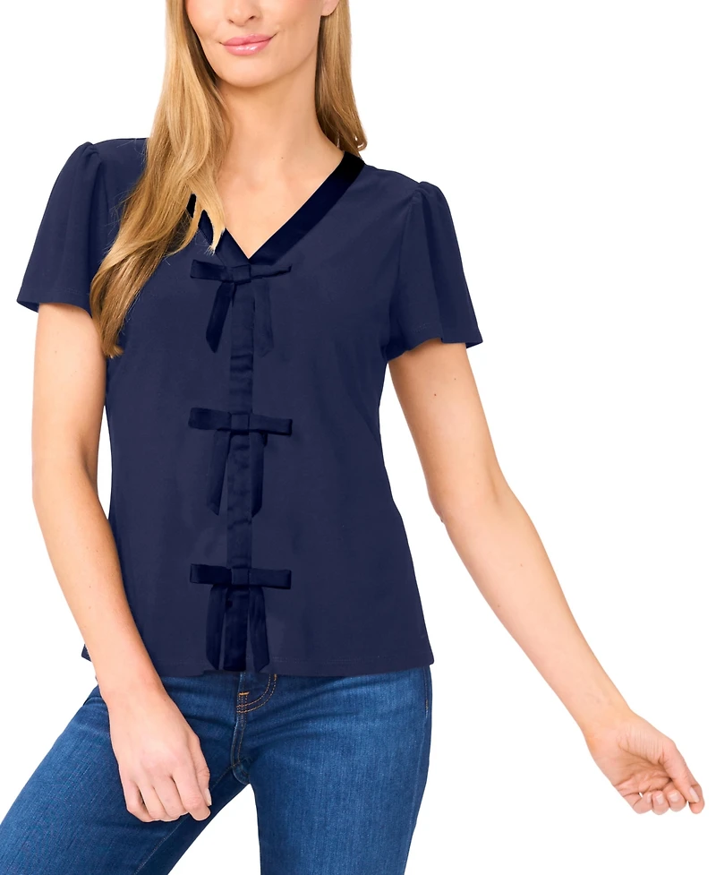 CeCe Women's V-Neck Bow-Front Detail Top