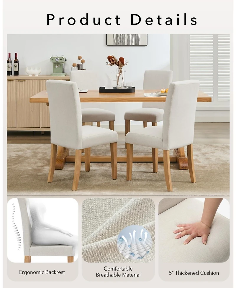 gaomon Modern Fabric Upholstered Dining Chairs Set, Curved Backrest Ergonomic Kitchen Chairs with Heavy-Duty Wood Legs