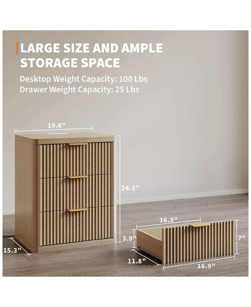 gaomon 1PC Natural Fluted Nightstand, 3-Drawer Bedside Table with Charging Station & Open Storage