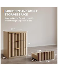 gaomon 1PC Natural Fluted Nightstand, 3-Drawer Bedside Table with Charging Station & Open Storage