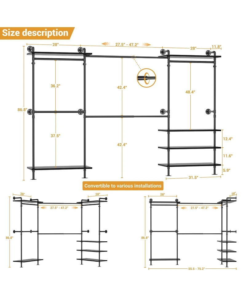 Aheaplus Clothing Rack,Garment Rack With 3 Wood Shelves, Organizer Wall Mounted