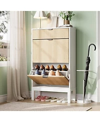 gaomon Shoe Storage Cabinet with 2 Flip Drawers, Farmhouse Fluted Shoe Organizer with Metal Legs, Freestanding Hidden Slim Narrow Shoe Rack