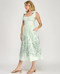 Row A Women's Tie Shoulder Fit & Flare Midi Dress