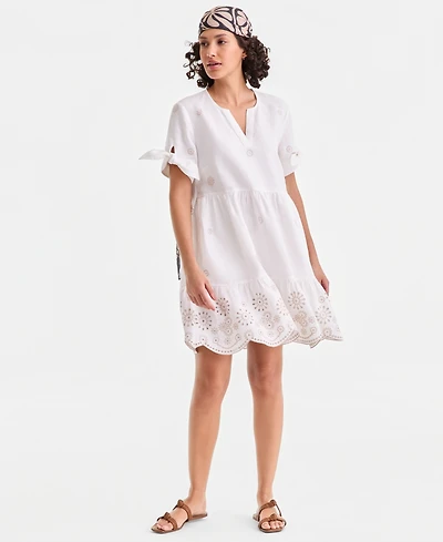 Charter Club Women's 100% Linen Eyelet-Trim Tiered Mini Dress, Macy's Exclusive