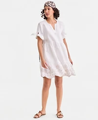 Charter Club Women's 100% Linen Eyelet-Trim Tiered Mini Dress, Macy's Exclusive