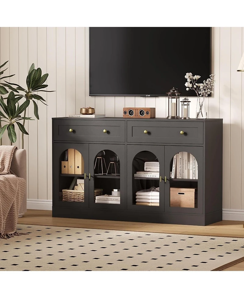 gaomon 55-Inch Wide Farmhouse Sideboard Buffet Cabinet with 4 Acrylic Doors and 2 Drawers, Wooden Console Table for Kitchen or Living Room