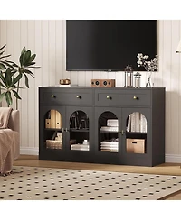 gaomon 55-Inch Wide Farmhouse Sideboard Buffet Cabinet with 4 Acrylic Doors and 2 Drawers, Wooden Console Table for Kitchen or Living Room