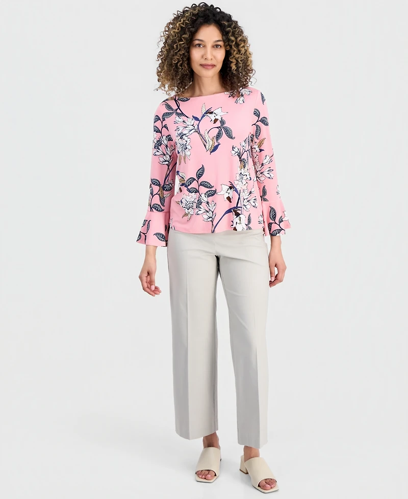 Jm Collection Petite Floral Flare-Sleeve Boat-Neck Top, Created for Macy's