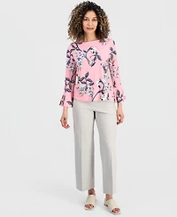 Jm Collection Petite Floral Flare-Sleeve Boat-Neck Top, Created for Macy's