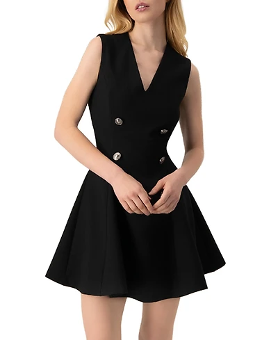 Draft - Ivonne Women's Sleeveless Black Six Button Mini Dress