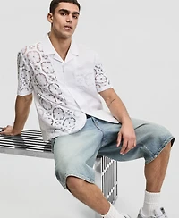 Mode of One Men's Relaxed-Fit Spliced Lace Short-Sleeve Shirt, Macy's Exclusive