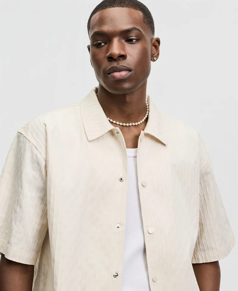 Mode of One Men's Relaxed-Fit Crinkle Stripe Short-Sleeve Shirt, Macy's Exclusive