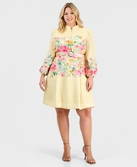Tahari Asl Plus Placed-Print Belted Fit & Flare Dress