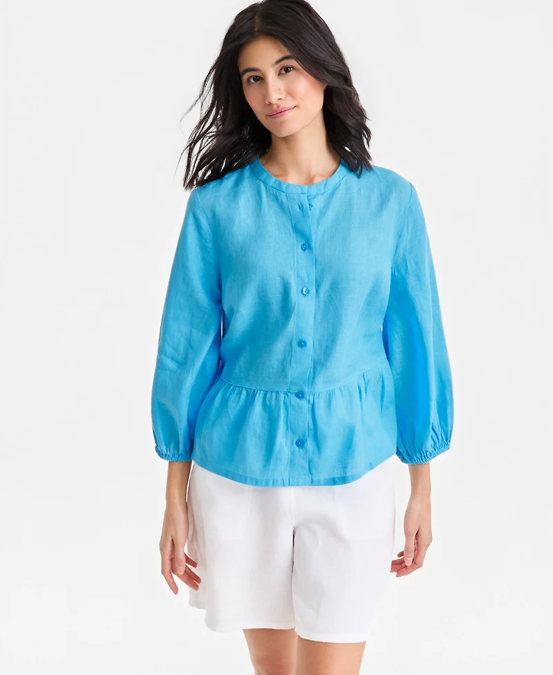 Charter Club Women's 100% Linen Blouson-Sleeve Peplum Top, Macy's Exclusive