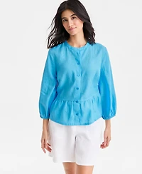 Charter Club Women's 100% Linen Blouson-Sleeve Peplum Top, Macy's Exclusive