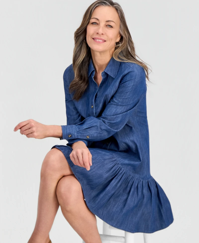 Style & Co Petite Denim Flounce-Hem Shirtdress, Macy's Exclusive