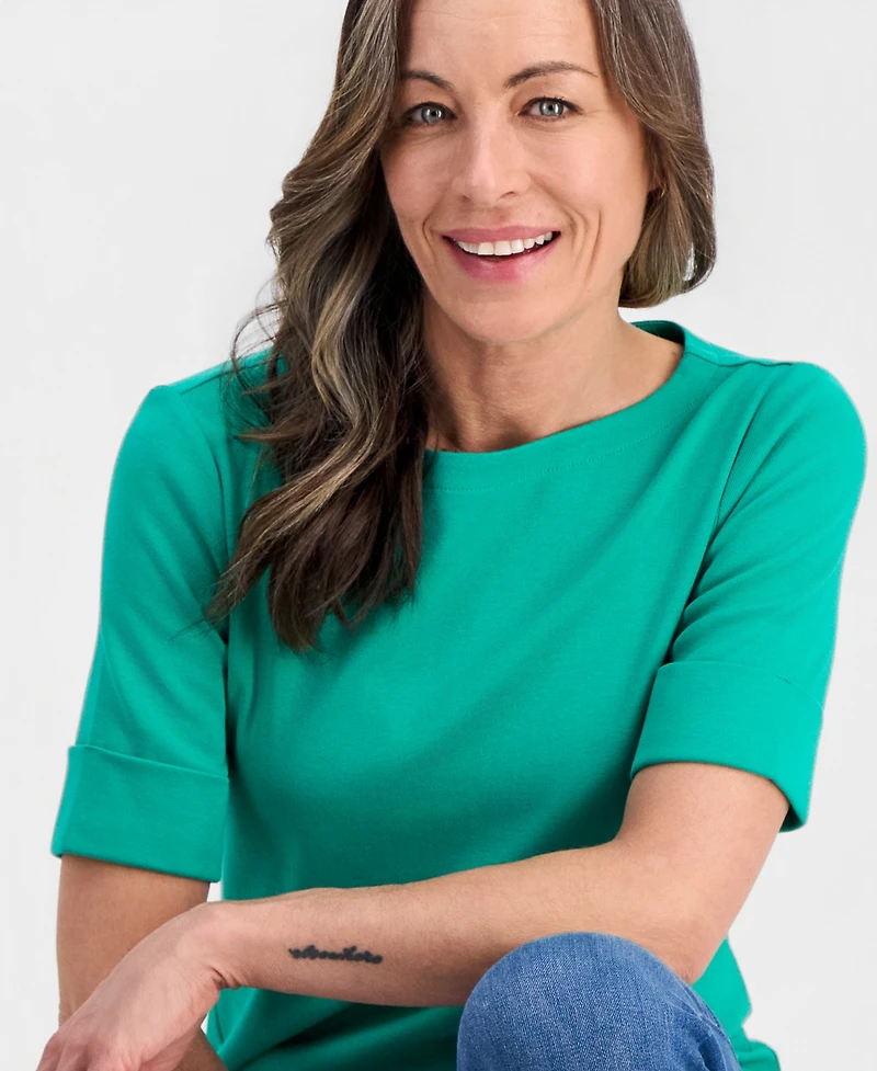 Style & Co Petite Cotton Elbow-Sleeve Boat-Neck Top, Exclusively at Macy's