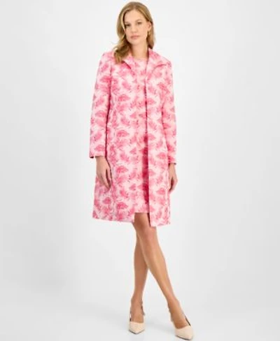 Kasper Womens Printed Open Front Longline Jacket Jacquard Sleeveless Sheath Dress