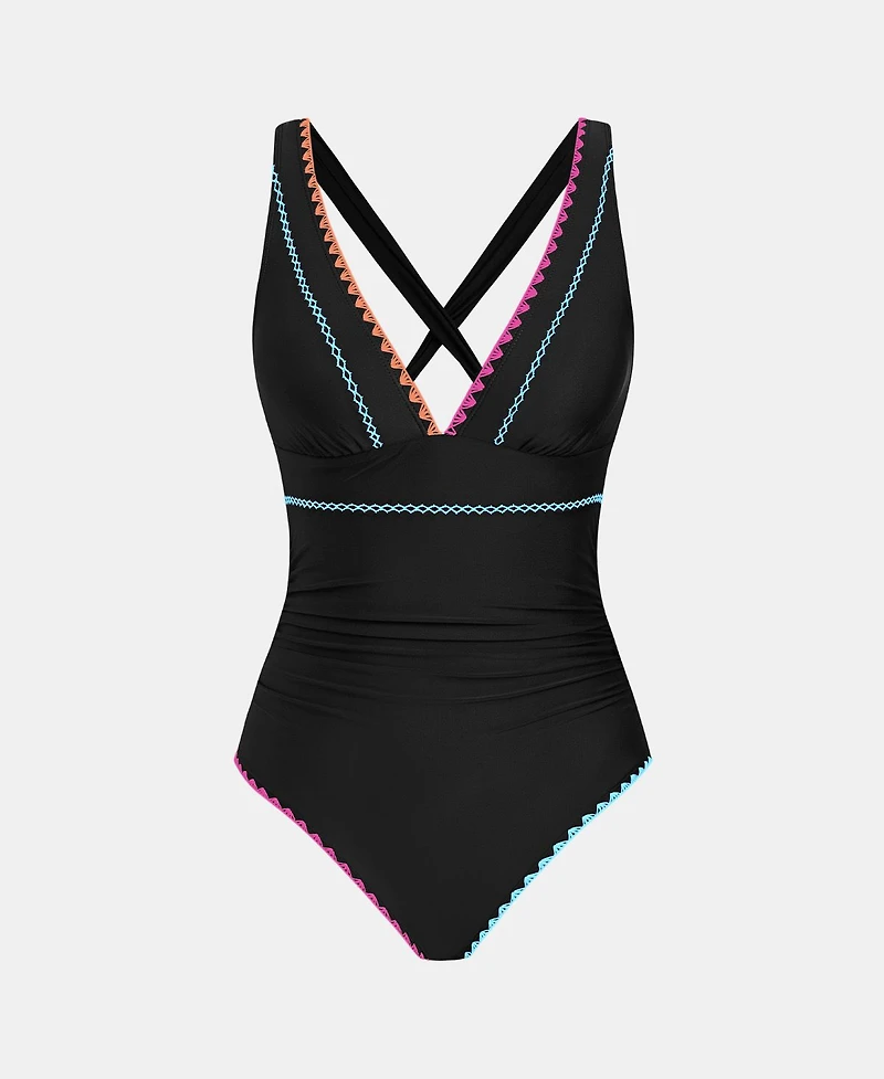 Cupshe Women's V-Neck Ruched Crisscross Back One-Piece Swimsuit