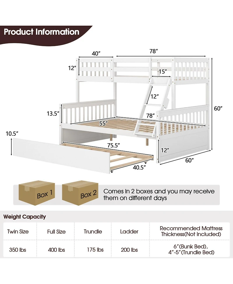Slickblue Twin Over Full Bunk Bed with Trundle, Convertible Design - 60
