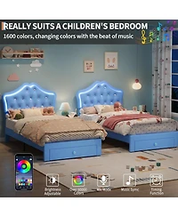gaomon Twin Bed Frame with Led Lights, Velvet Crystal Headboard, Upholstered Platform, Drawer, Blue