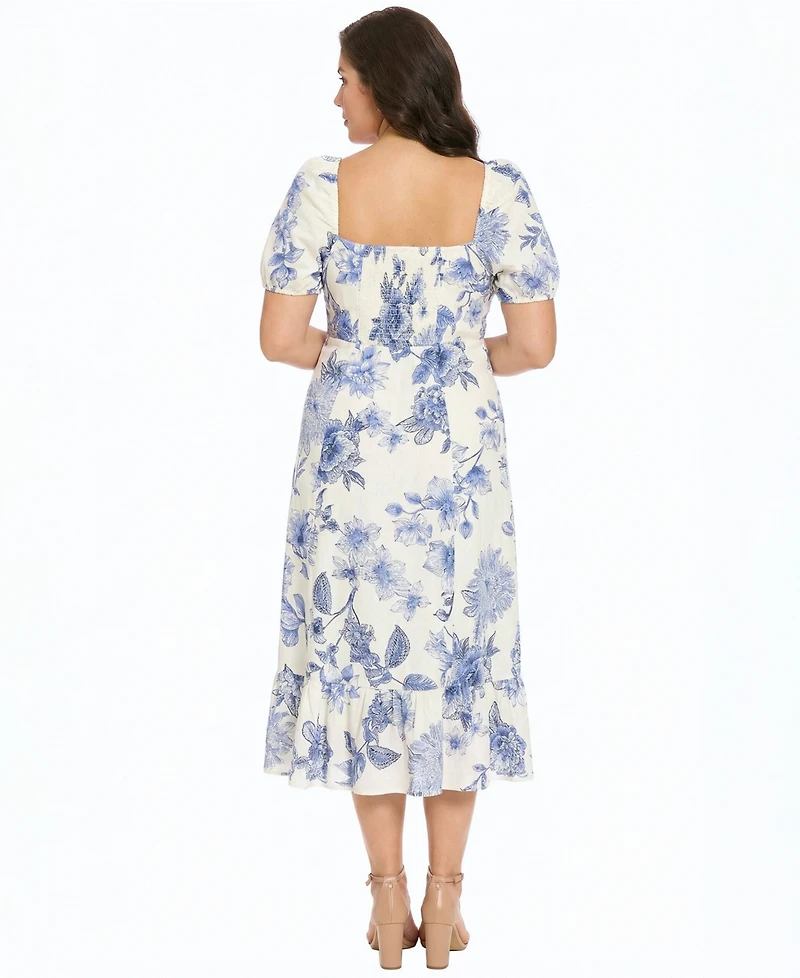 London Times Plus Puff Sleeve Square Neck Midi Dress