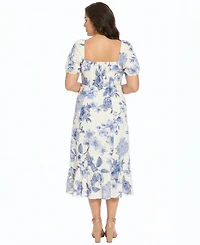 London Times Plus Puff Sleeve Square Neck Midi Dress