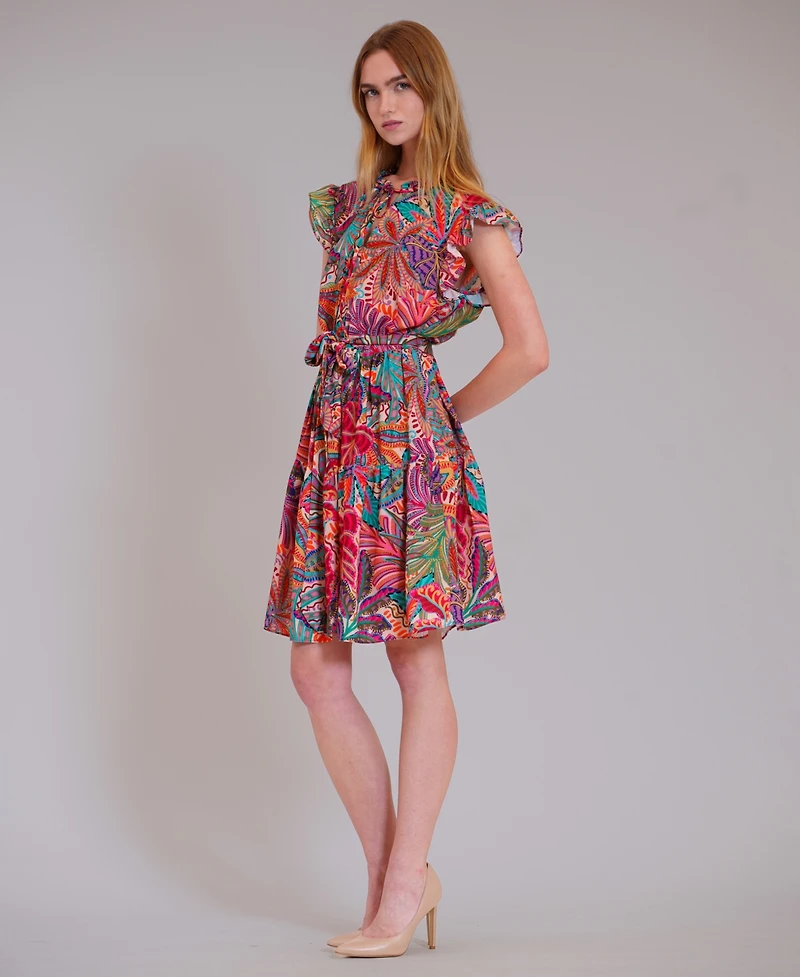 julia jordan Women's Ruffle Sleeve Printed Keyhole Neck Mini Dress
