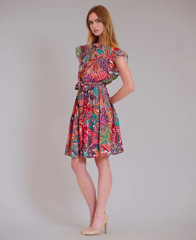 julia jordan Women's Ruffle Sleeve Printed Keyhole Neck Mini Dress
