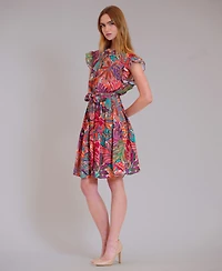 julia jordan Women's Ruffle Sleeve Printed Keyhole Neck Mini Dress