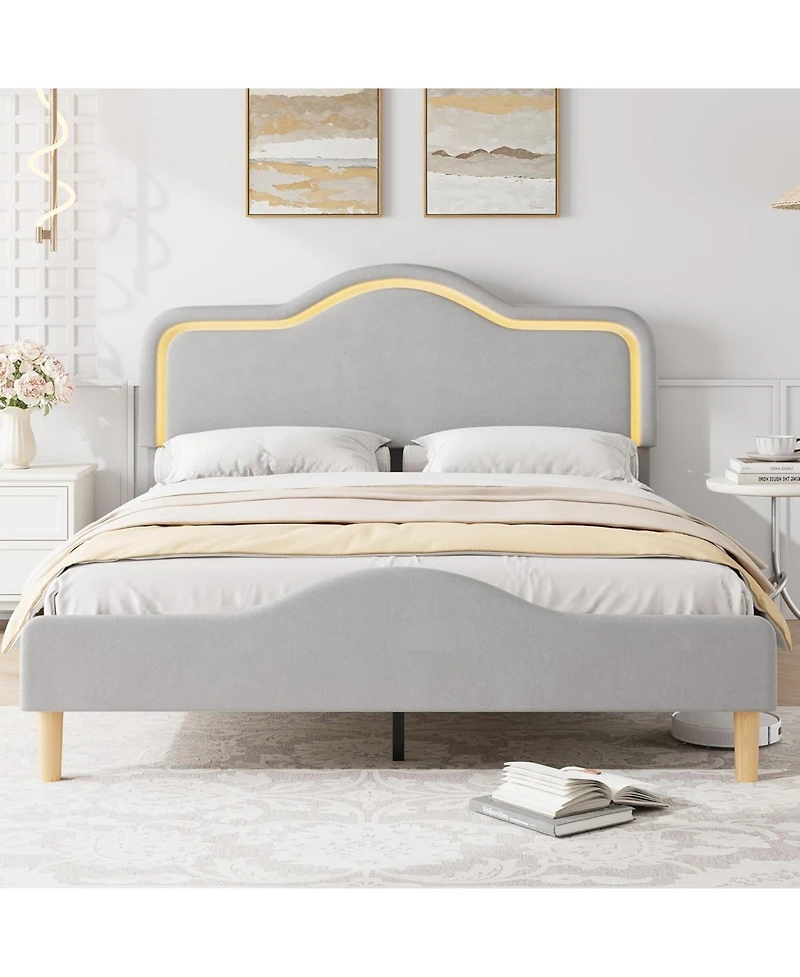 gaomon Queen Velvet Bed Frame with Led Headboard & Footboard, Princess Platform, Slat Support, Gray