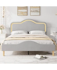 gaomon Queen Velvet Bed Frame with Led Headboard & Footboard, Princess Platform, Slat Support, Gray