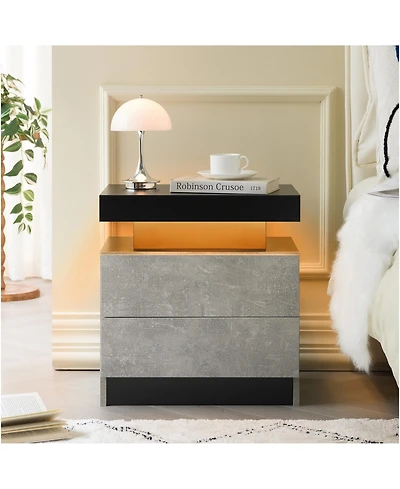 Rainsken Led Nightstand with 2 Drawers, Bedside Table Cabinet with Adjustable Color Lighting, Modern End Side Table for Bedroom