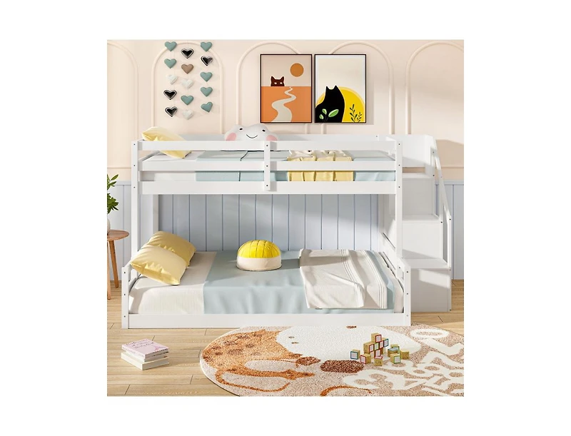 Solid Wood Twin-Over-Full Bunk Bed with Stair Storage