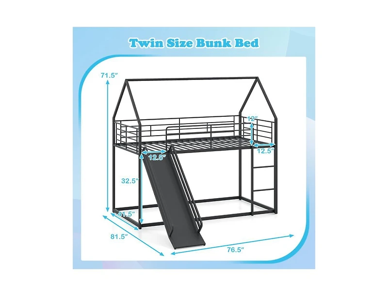 Slickblue Kids House Style Metal Low Bunk Bed, Twin Over Twin