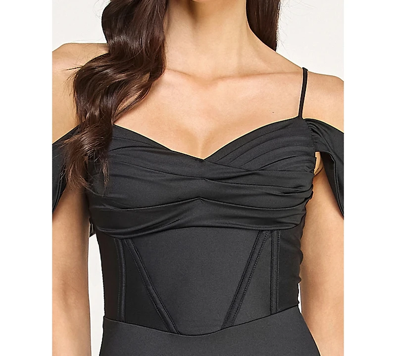 City Studios Juniors' Off-The-Shoulder Lace Up Back Gown