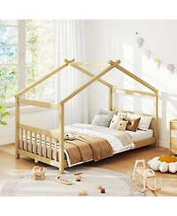 Slickblue Twin Size Wooden House Bed with Roof