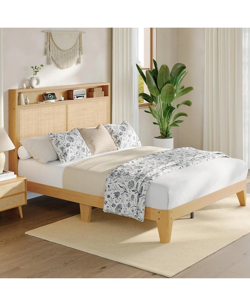 gaomon Rattan Queen Size Bed Frame with Led Lights, Boho Wood Bed, Storage Headboard, Charging Station, No Box Spring