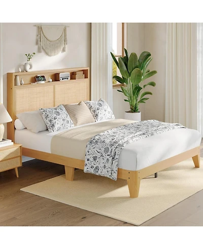gaomon Rattan Queen Size Bed Frame with Led Lights, Boho Wood Bed, Storage Headboard, Charging Station, No Box Spring