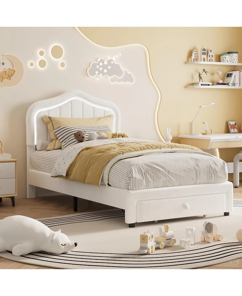 gaomon Twin Led Upholstered Bed Frame with Storage Drawer, Velvet Princess Platform for Kids