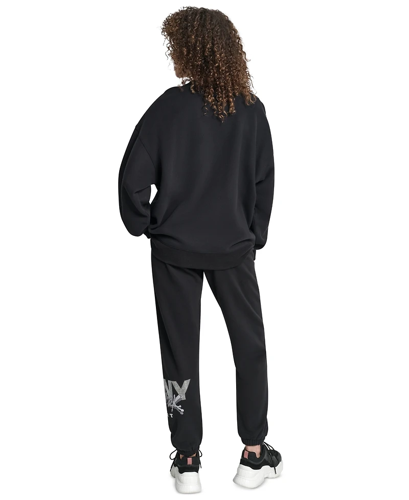 Dkny Women's Graffiti Rhinestone Logo Blouson-Sleeve Drop-Shoulder Sweatshirt