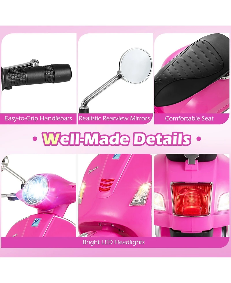 Mecale 12V Kids Electric Motorcycle Licensed Vespa with Music and Training Wheels.