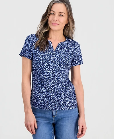 Style & Co Petite Scattered Buds Henley Short-Sleeve T-Shirt, Macy's Exclusive