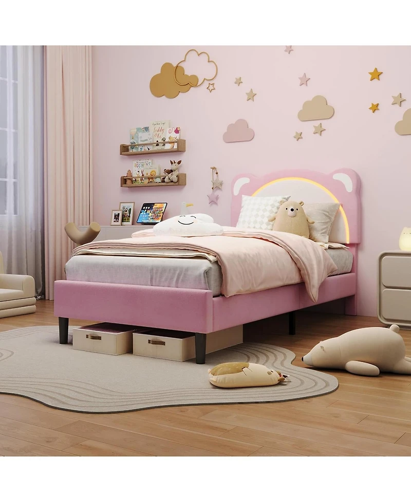 gaomon Twin Kids Bed Frame, Upholstered Platform with Adjustable Headboard and Led, Wooden Slats, No Box Spring, Pink