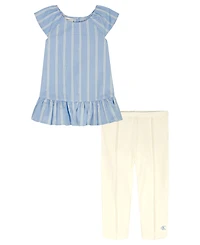 Calvin Klein Girls' 4-6X Striped Denim Tunic and Capri Leggings, 2-Piece Set