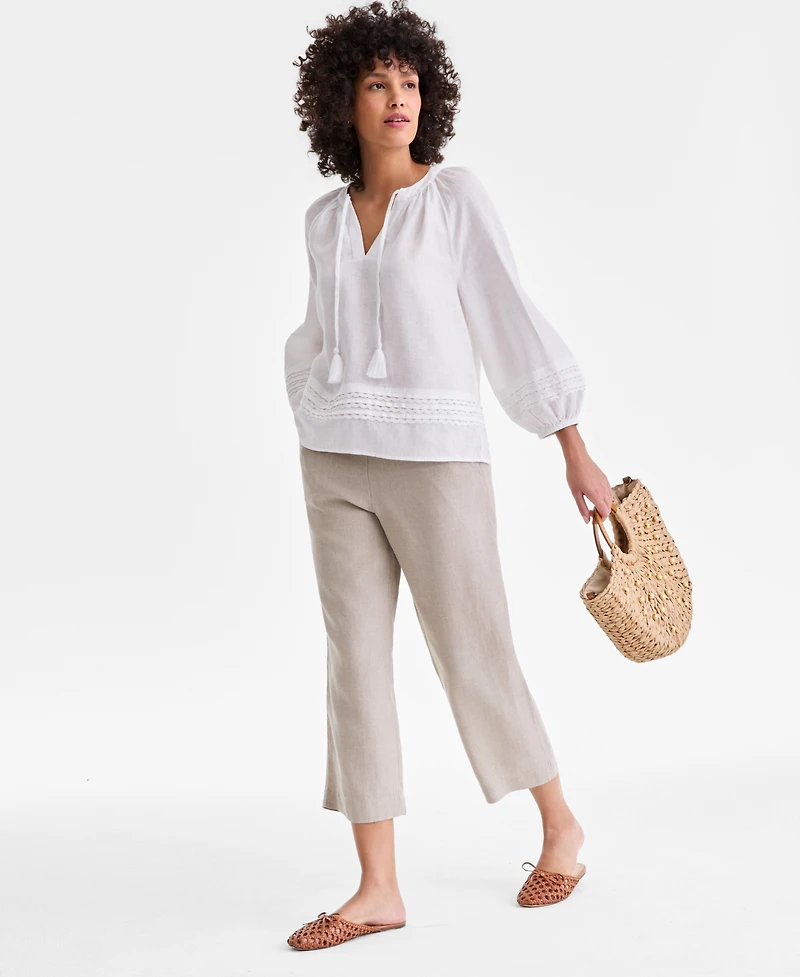 Charter Club Women's 100% Linen Solid Cropped Pull-On Pants, Created for Macy's