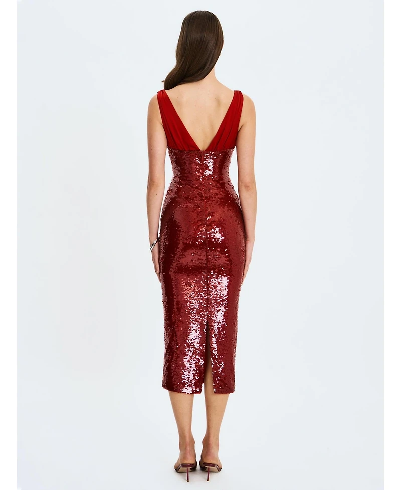 Miss Circle Women's Shanelle Crimson Sequin Plunging Midi Dress