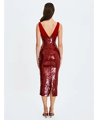Miss Circle Women's Shanelle Crimson Sequin Plunging Midi Dress