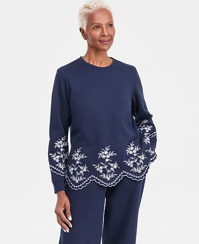 Style & Co Petite Long-Sleeve Trim Eyelet Knit Crew Neck Top, Macy's Exclusive