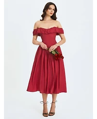 Miss Circle Women's Xavy Crimson Off-Shoulder Corset Midi Dress